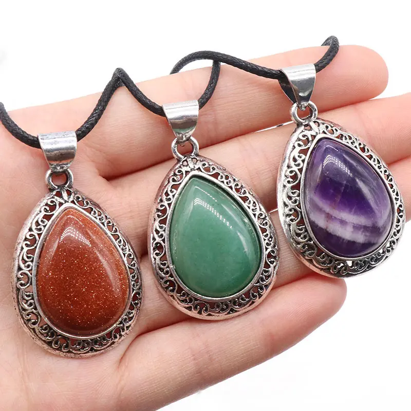 Teardrop Gemstone Pendant Necklace, Natural Semi Precious Stone Crystal Necklace, Abalone Shell Healing Crystal Pendant, Boho Beach Jewelry, Dainty Vintage Statement Necklace, Unique Spiritual Gift for Her, Everyday Summer Layered Necklace