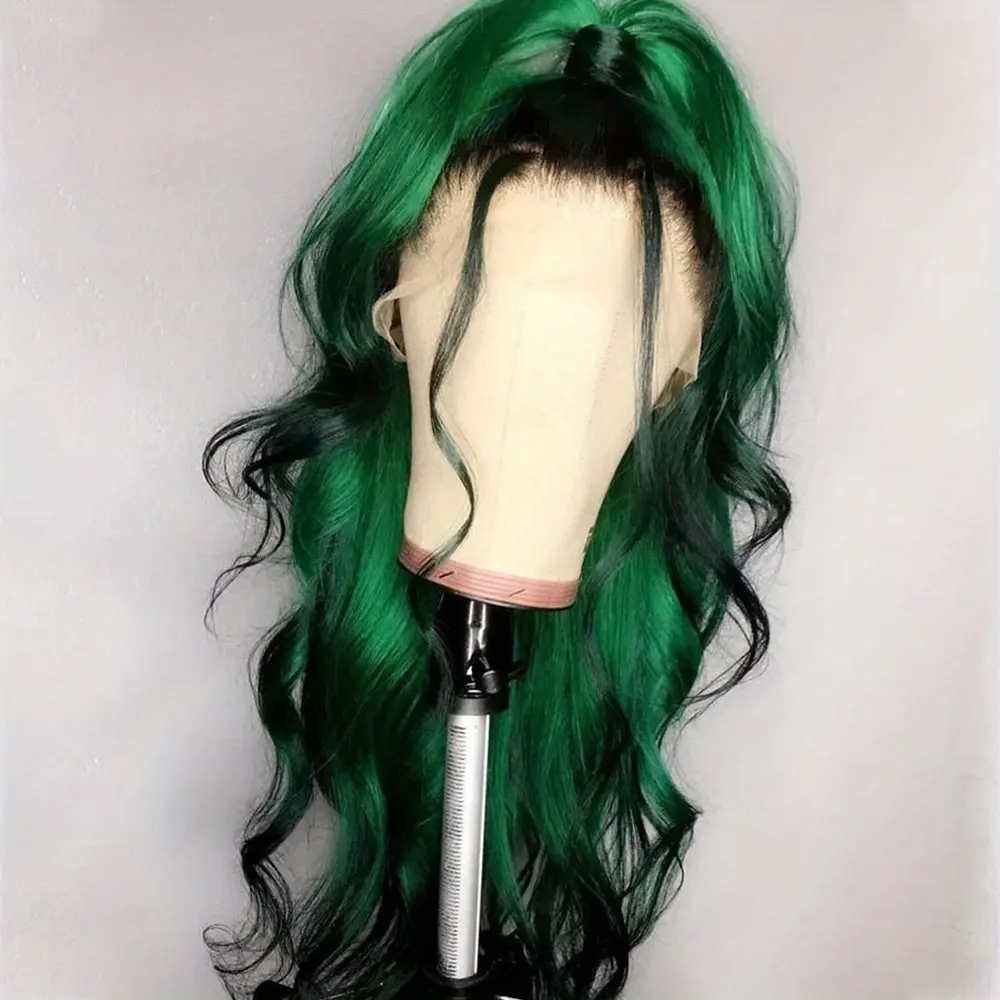 Deep Wave Lace Front Wig, 26 Inch Ombre Black to Green Synthetic Hair with Highlights, 13*4 Glueless Frontal for Daily Wear, 180% High Density, Glueless Wig, Highlight Hair, Unisex Wear, Frontal Lace Wig