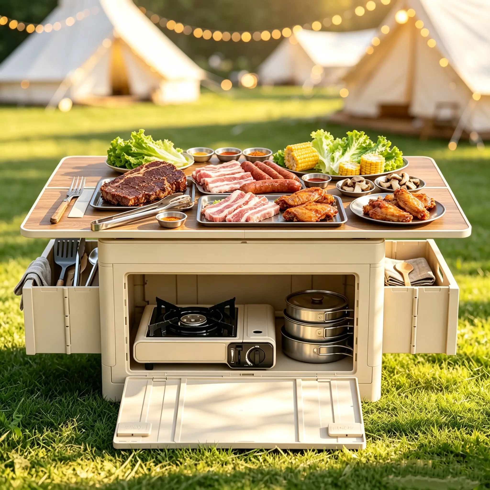 Multifunctional Lift Top Camping Storage Box, 58L Large Capacity Heavy Load Bearing PP & HIPS Plastic, Expandable Side Baskets, Stackable Foldable Crate, Storage Organizer for Outdoor BBQ, Picnic, Beach, Home, Garage, RV & Car Trunk
