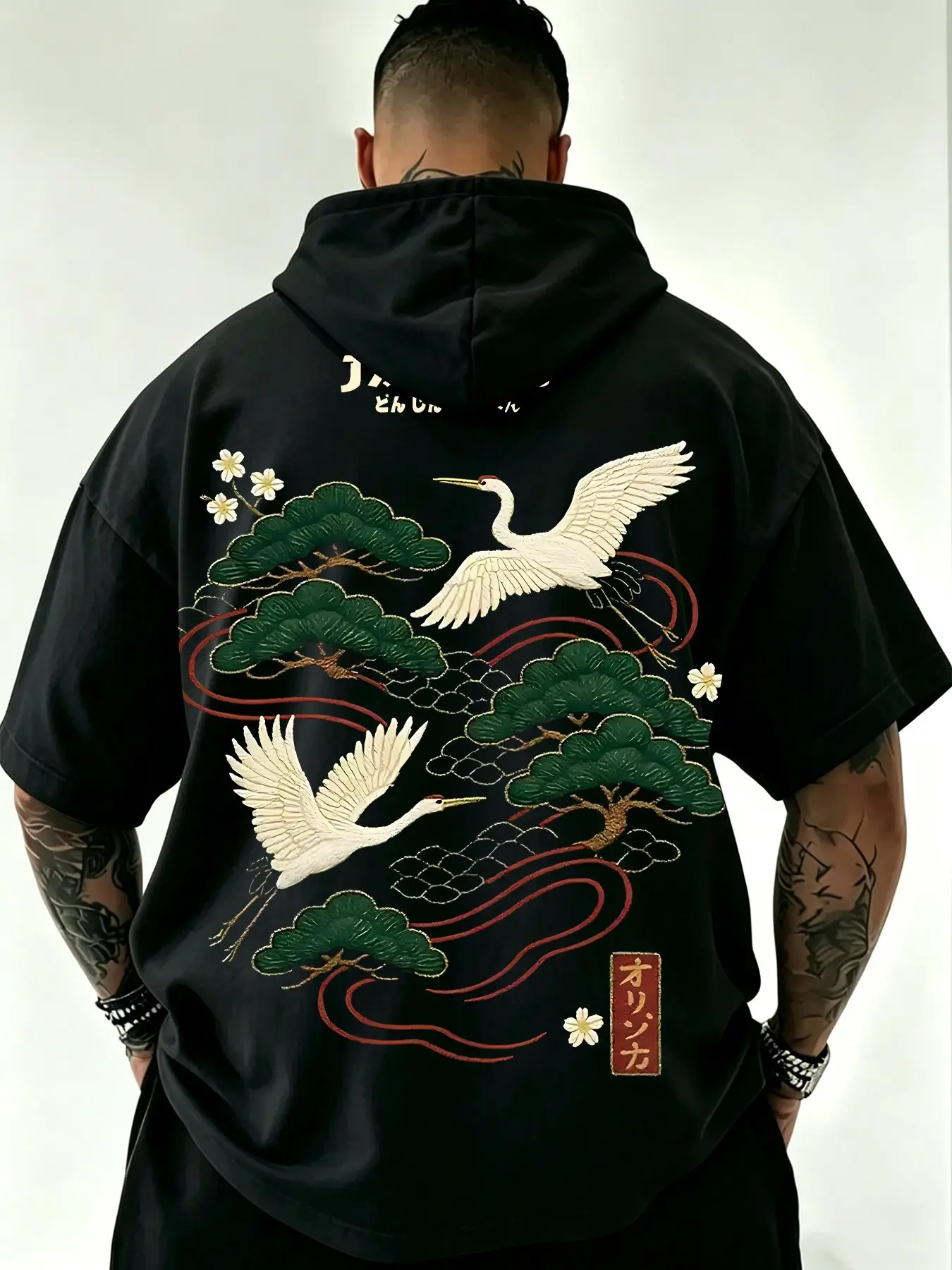 Men's Oversized Baggy Short Sleeve Hoodie, Japanese Ukiyo-e Cultural Traditional Crane & Pine Tree Embroidered Print Hooded T-Shirt, Breathable Casual Streetwear, Japanese Sukajan Style Print Top for Summer Daily Wear Graphic Loose