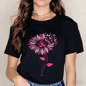 Breast Cancer Awareness Ribbon Flower Print T Shirt Black Casual Short Sleeve Top For Everyday Wear And Light Activities