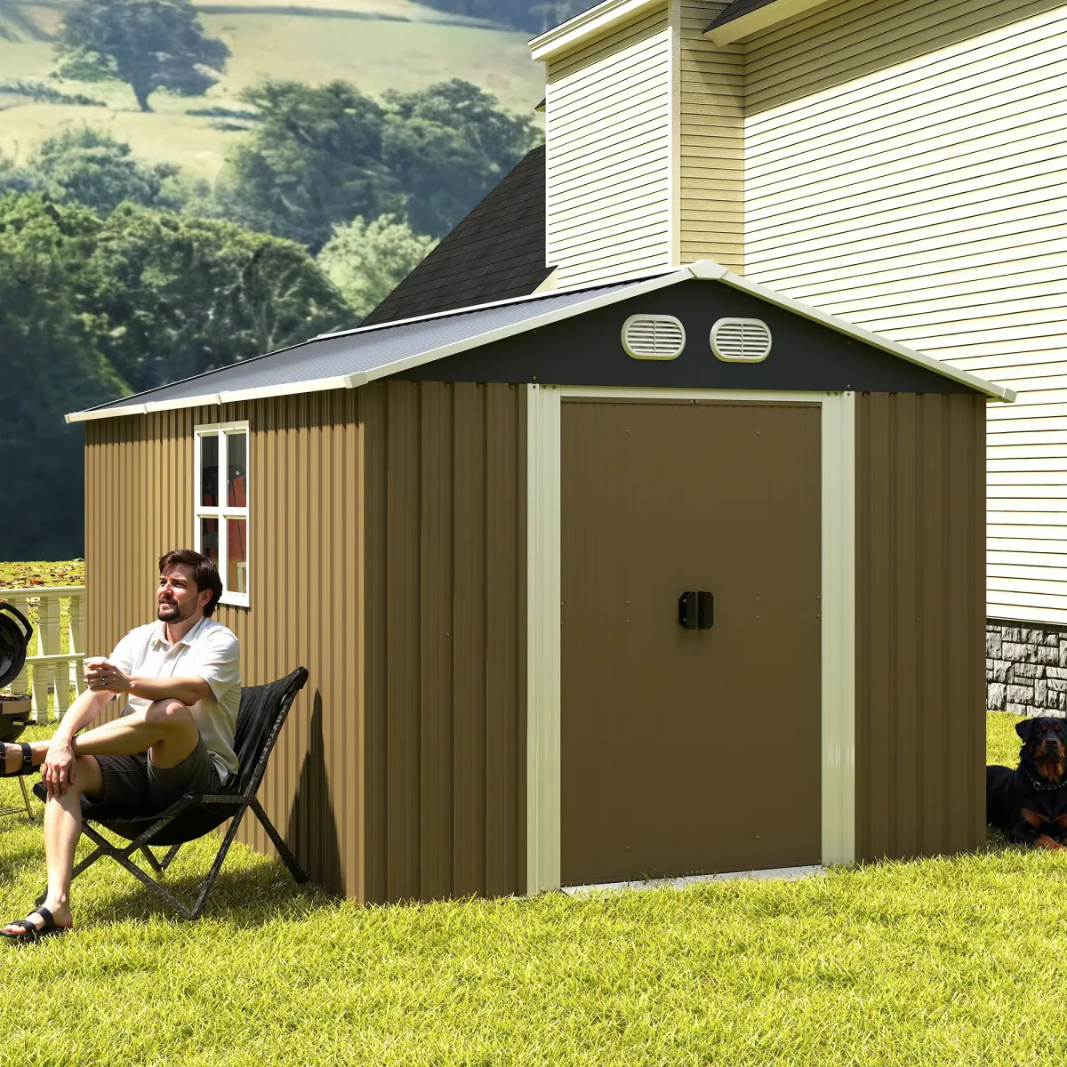 8FT x 12FT Sheds & Outdoor Storage, Heavy-Duty Outdoor Storage Shed, Metal Shed with Reinforced Frame, Lockable Doors & Air Vents, Weatherproof Garden Tool Shed for Backyard, Brown
