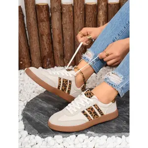 Women's Beige & Leopard - Print Color - Block Lace - Up Sneakers, Casual Low Top Walking Shoes, Stylish Daily Commute & Outdoor Event Footwear, Comfortable Breathable Trainers, Versatile All Match Leisure Shoes, Lightweight Retro Style Running Shoes