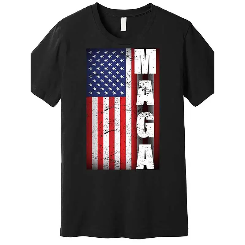 Men's Vintage MAGA American Flag T-Shirt - Plus Size Black Distressed Cotton Tee with MAGA Slogan, Casual Short Sleeve Shirt for Political Events & Casual Attire, MAGA Party Outfits Round Neck Shortsleeve