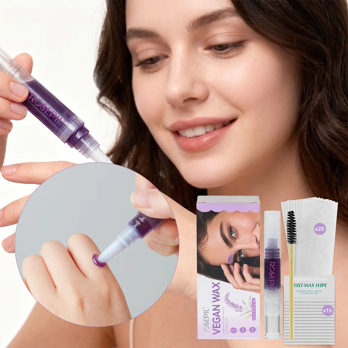 Rosepil Precision Wax Pen Kit | Ready-to-Use Facial Waxing for Eyebrows, Upper Lip & Chin | 5g Hypoallergenic Wax, 20 Strips, Soothing Oil & Spoolie | Gentle Hair Removal for Women & Men