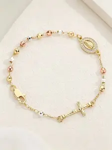 Luxury Three-Color Gold Rose Rosary Bracelet, Trendy Bangle, Cross Charm Bangle, Guadalupe Virgin Mary + Cross Design, Fade-Resistant Daily Wear Jewelry