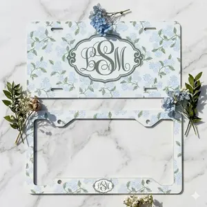 Personalized Floral License Plate Frame, Monogram Blue Hydrangea Car Tag, Car Accessories for Women, Birthday Gift