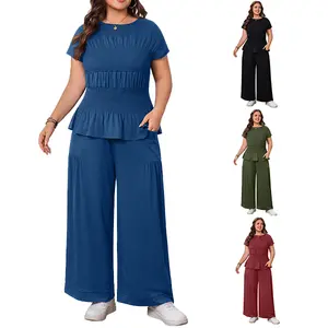 AUCICCOO Plus Size 2 Piece Outfits for Women Smocked Top Wide Leg Pants Set Casual Lounge Matching Set with Pockets