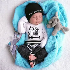 Baby Boys Clothes 3PCS Outfit Long Sleeve Letter Pattern Envelope Neckline Romper Long Straps Elastic Band Pants Beanie Hat
