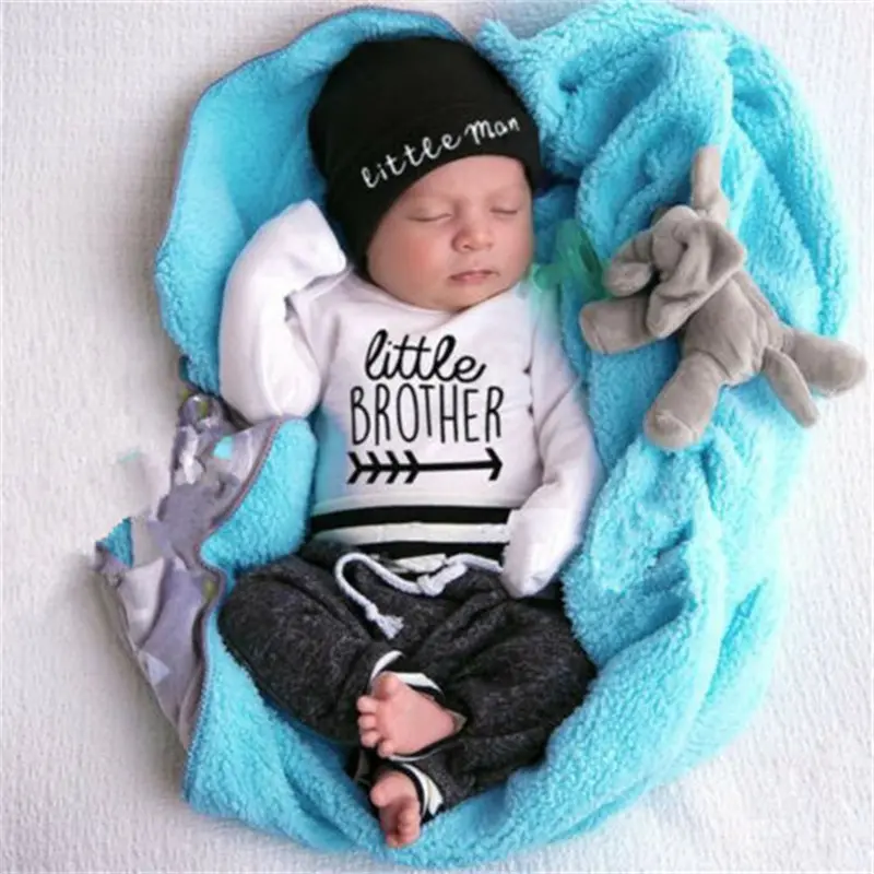 Baby Boys Clothes 3PCS Outfit Long Sleeve Letter Pattern Envelope Neckline Romper Long Straps Elastic Band Pants Beanie Hat