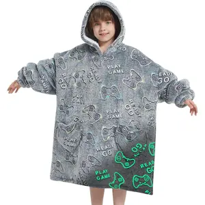 Wearable Blanket Hoodie for Kids Oversized Sherpa Blanket Hoodie for Kids Boys Girls Teens 6-13YR,Glow in The Dark Game Controller