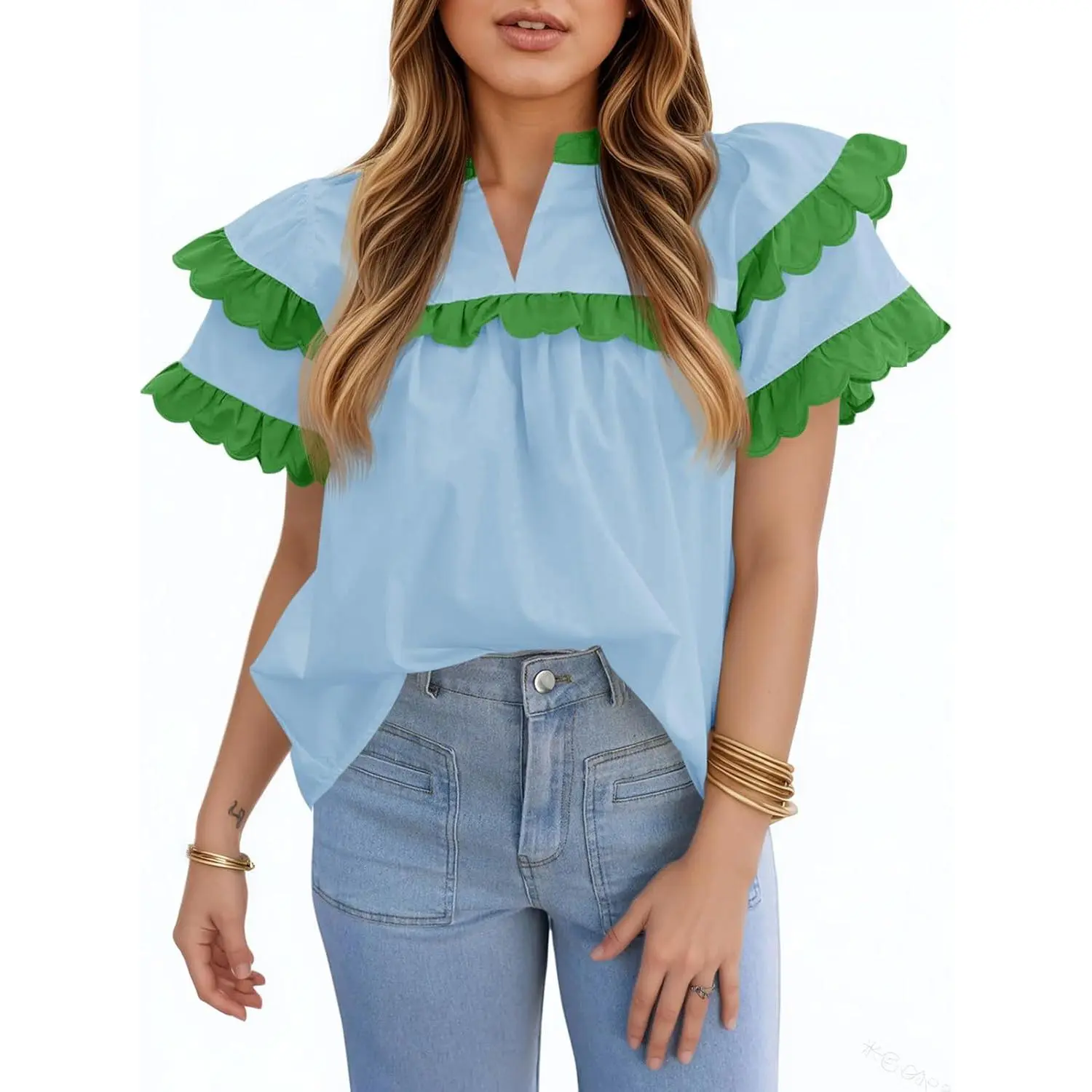 Lannew Womens Ruffle Sleeve Babydoll Tops Color Block Summer V Neck Pleated Blouse Dressy Casual Loose Fit Shirts