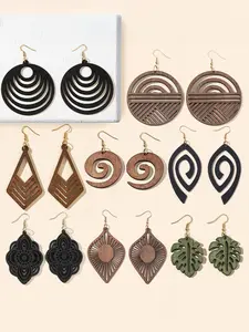 Boho Style Wooden Drop Earrings Set, Geometric Hollow Out Design, Casual Daily Wear Handmade Jewelry for Women, Perfect for Festive Occasions