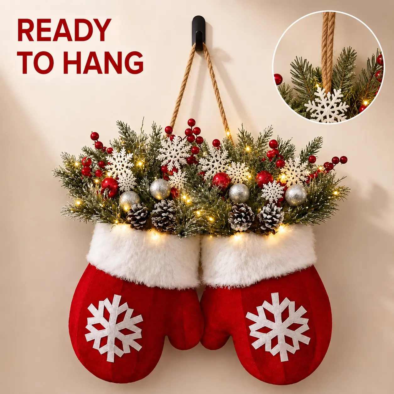 Lighted Christmas Mitten Wreath for Front Door, Red Snowflake Hanging Decoration with Warm White LED Lights, Pinecones, Berries & Ornaments, 15.75 x 13.78 in Holiday Home Decor