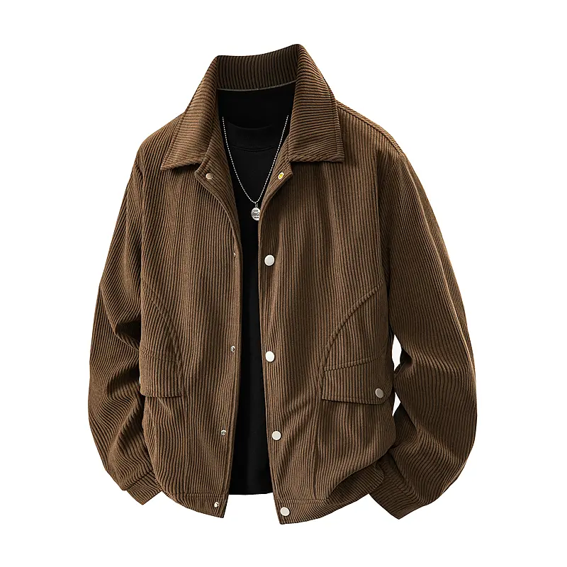 Men's Loose Solid Corduroy Casual Turn-down Collar Sports Jacket American Style Lapel Design Woven Long Sleeve Versatile Autumn Wear - Menswear