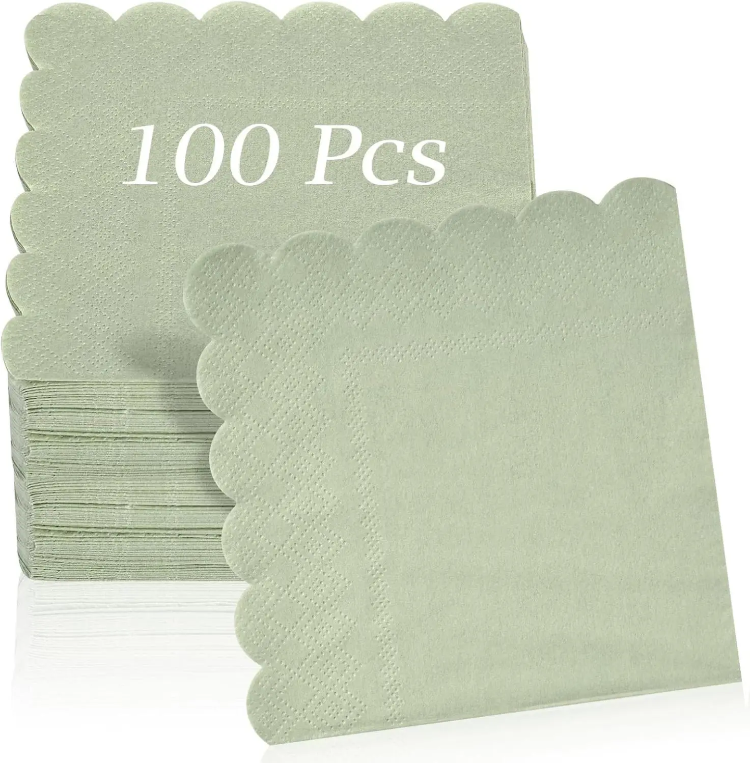 100 Pcs Napkins, 2-Ply 5 x 5 Inches Disposable Scalloped Napkins, Thick Premium Dessert Napkins for Party, Wedding, Dinner, Birthday, Anniversary, Festival (Sage Green)