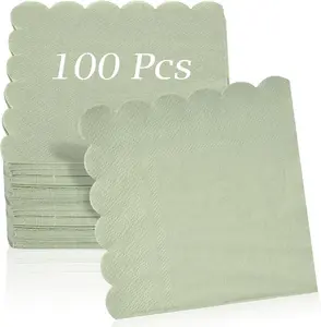 100 Pcs Sage Green Cocktail Napkins 2-Ply 5 x 5 Inches Disposable Scalloped Napkins for Party Wedding Dinner Birthday Anniversary Festival Premium Soft Absorbent