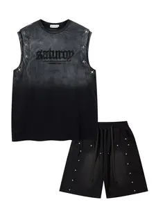 Vintage American Style Wash and Faded Tie-Dye Sleeveless Coordinated Set with Splicing and Rivet Details for Men and Women, Summer Casual Sportswear Two-Piece Tie Dye Tracksuit