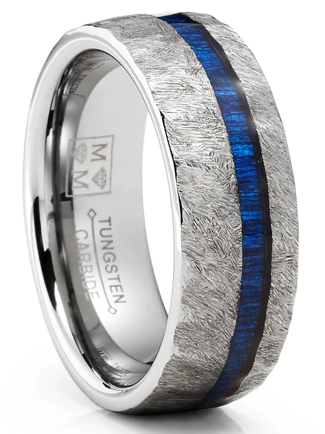 Mens Tungsten Carbide Ring Blue Wood Hammered Wedding Band 8MM Comfort-Fit Silver Mens Tungsten Carbide Ring Blue Wood Hammered Wedding Band 8MM Comfort-Fit Silver