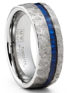 Mens Tungsten Carbide Ring Blue Wood Hammered Wedding Band 8MM Comfort-Fit Silver