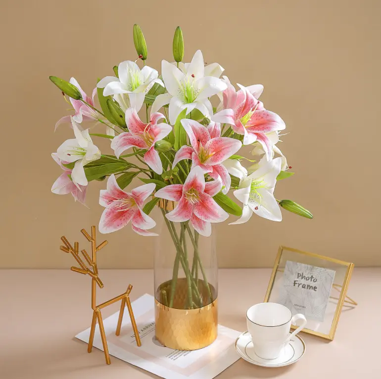 Summerwins 2Pcs Decorative 3D Printed Double-Head Lily Faux Flower Set, Long-Stem Rubber PVC UV-Resistant Fade-Proof Lilies Flowers for Living Room, Bedroom Home Decor