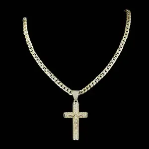 Men's 14K real gold plated cross necklace, Figaro chain/Cuban chain/Fried Dough Twists chain/Miami chain adopts advanced nanotechnology to prevent fading and match the crucifixion pendant 24 inch long Christian religious theme jewelry