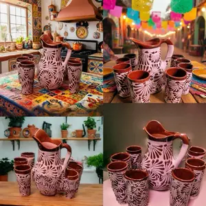 Pink red Talavera Engobe Pitcher With 6 Cups hand made Hecho En Mexico Jarra Rosa Engobe con 6 Vasos Pitcher Set Jarra De Barro