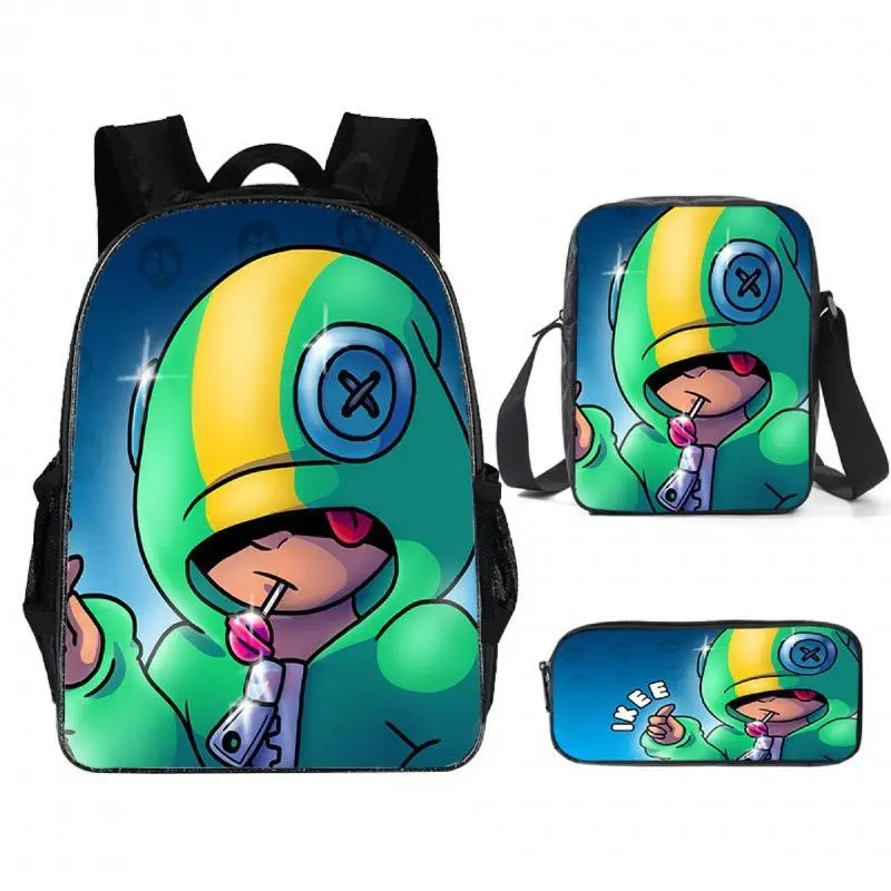 3 Piece Green Hood Cartoon Ikee Character Full Print Laptop Backpack Set Cute Game Kids School Bag Crossbody Shoulder Bag Pencil Case
