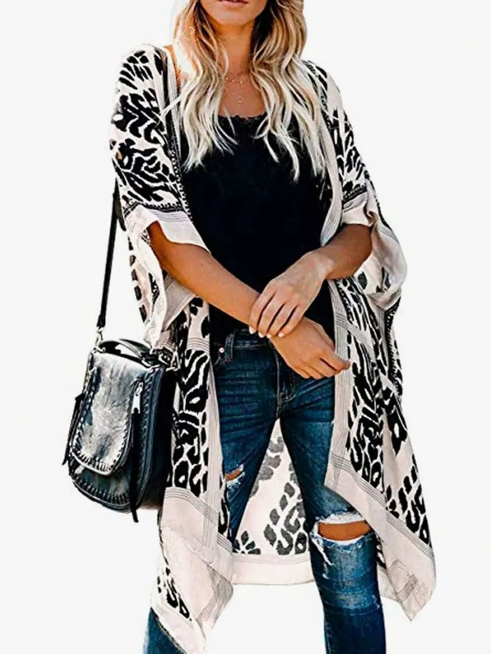 Plus Size Printed Loose Kimono, Chiffon Lightweight Semi-Sheer Cover-Up For Daily Beach Wear
