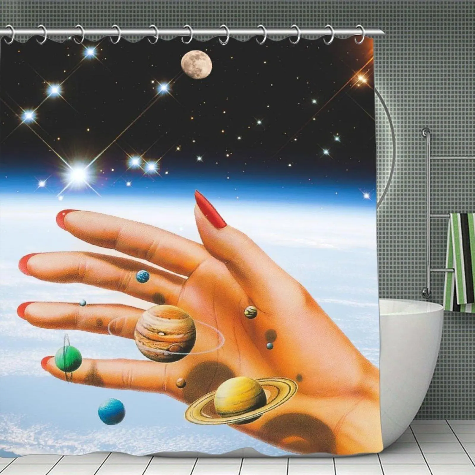 Retro Cosmic Hand-Drawn Planets Surreal Art Waterproof Plastic Shower Curtain - Stainless Steel Hook-Compatible, Bathtub & Window Bathroom Decor, Shower Curtains