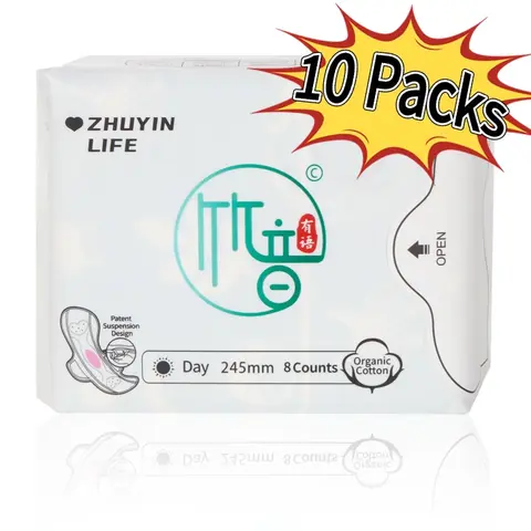 Zhuyin Menstrual Pads - 3/10 Packs Feminine Sanitary Napkin, Organic Cotton,NO Petroleum-Based Microplastic, Chlorine, Unscented and Safe for Different Flow with Free Gift Moisture Lightweight Panty Liners