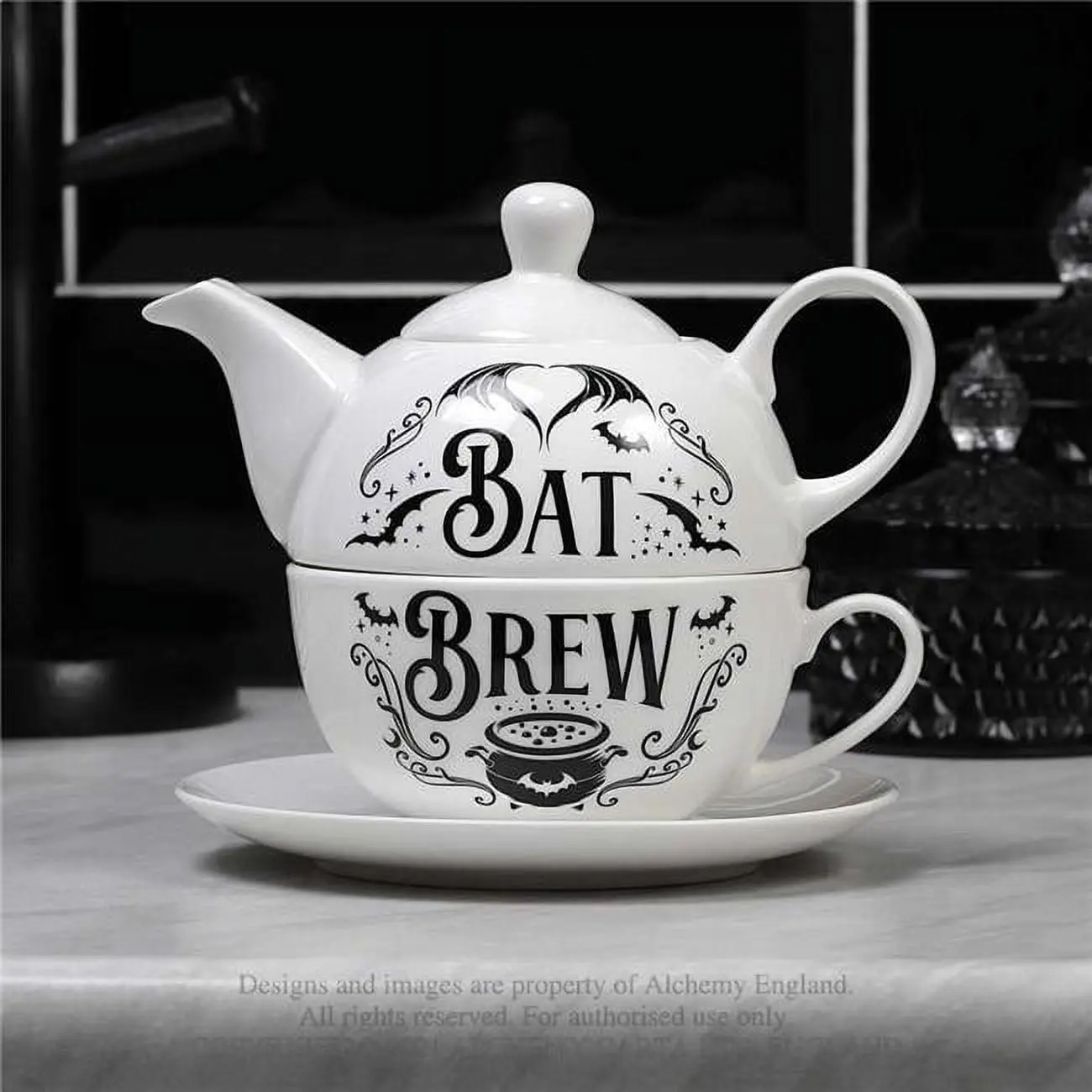Alchemy Gothic ATS5 6.5 in. Bat Brew Tea for One Set, Black & White