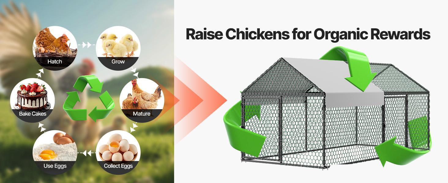 VEVOR Metal Chicken Coop for 4-6 Chickens, 3.3 x 6.6 x 3.3 ft, Small Chicken Cage with Waterproof Cover & Double Doors, Spire Roof Poultry Run Compatible with Wooden Coops, for Rabbit Hen Goose Duck VEVOR Metal Chicken Coop for 4-6 Chickens, 3.3 x 6.6 x 3.3 ft, Small Chicken Cage with Waterproof Cover & Double Doors, Spire Roof Poultry Run Compatible with Wooden Coops, for Rabbit Hen Goose Duck
