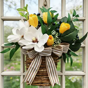 20" Spring Easter Floral Basket Wreath for Front Door, Artificial White Magnolia Yellow Tulip Door Basket Decor, Spring Easter Basket Hanger for Farmhouse Home Wall Door, Spring/Summer/Easter Wreath