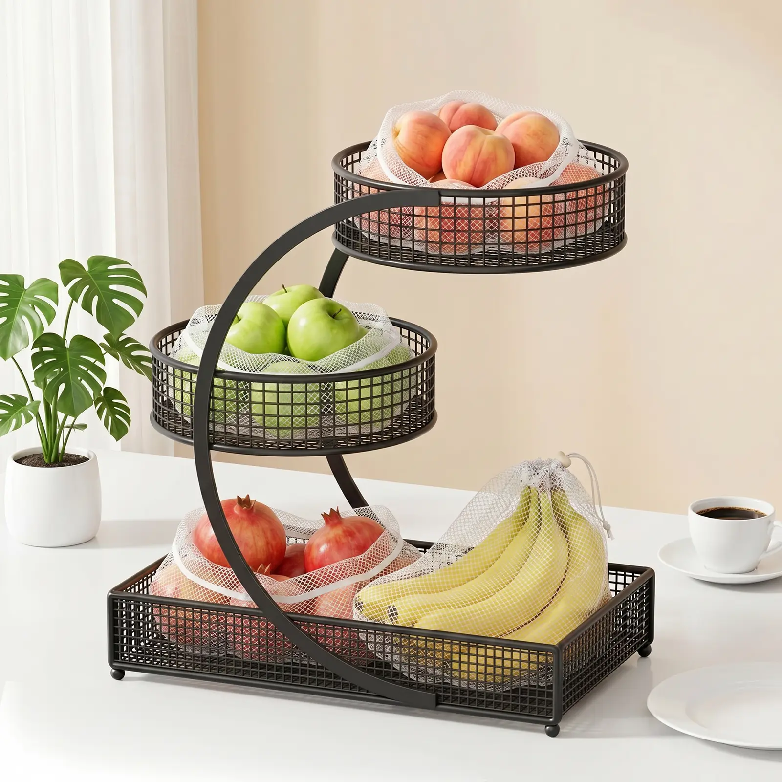 3-Tier Rectangular Metal Frame Storage Basket, Modern Eco-Friendly Home Organizer Rack, No-Installation Space-Saving Solution for Bathroom, Kitchen, Beauty & Cosmetics Storage