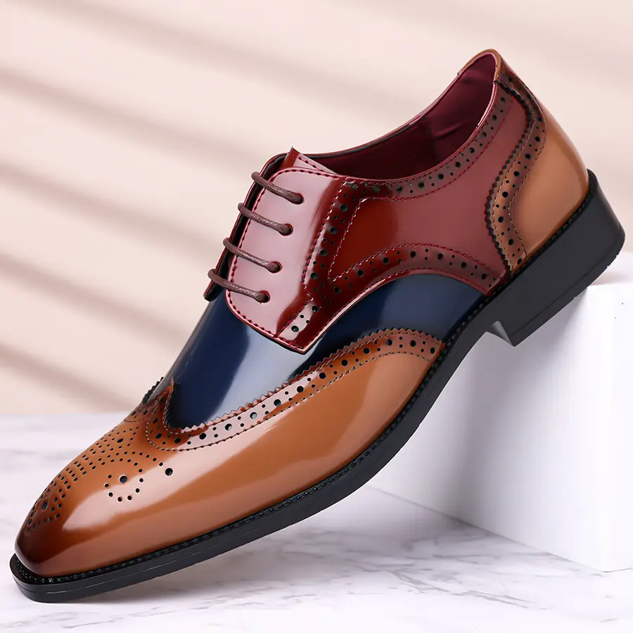 Men’s Closed-Toe Brogue Formal Shoes - Classic, Elegant, Lightweight Footwear for Work, Office, Rubber, Round Toe, Laces, Cuban, Ankle, Plain, Synthetic, Flexible