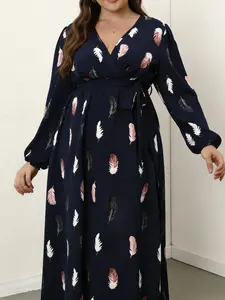 Elegant Plus Size Dress Spring Fall Long Sleeve V Neck Mid-Length Skirt Slimming Women's Fashion New Arrival