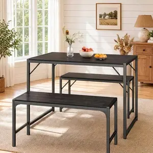 GIZOON 45.5" Ergonomic 4-Seater Dining Table Set with 2 Benches, Indoor Furniture with Metal Frame & MDF Board, Space-Saving Dinette for Kitchen & Apartment