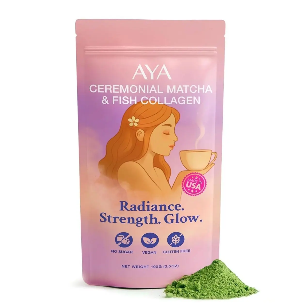 Aya Matcha Organic Ceremonial Grade Matcha Powder with Marine Collagen – Premium Matcha Green Tea for Women – Sugar Free Matcha Latte Mix – Keto Matcha Collagen Protein Powder for Lattes & Smoothies