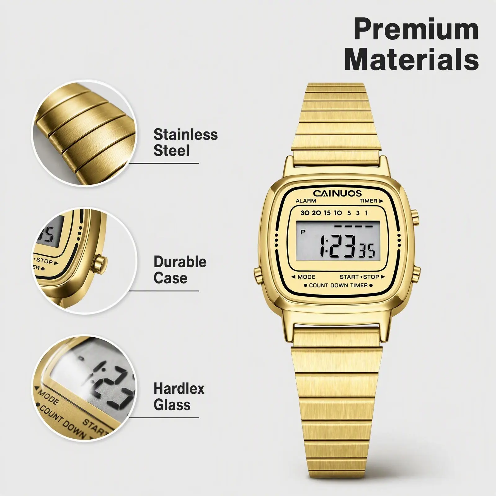 CAINUOS Women’s Retro Square LCD Digital Watch - Stainless Steel Band, Adjustable Multi-Function Wristwatch with Alarm Function, Chronograph, Date, Casual Daily Stylish Model C8005L