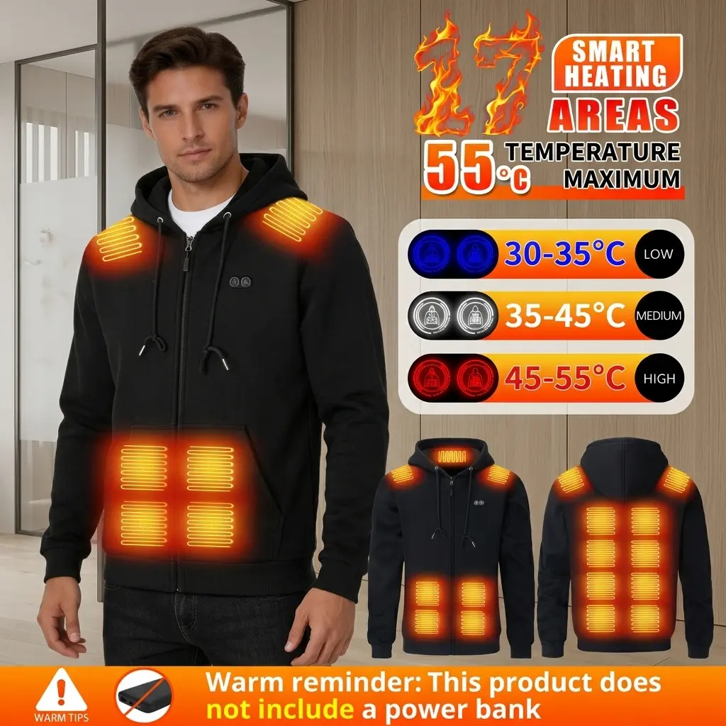 17-Zone Smart Heated Hoodie Dual-Control USB Electric Heating Sweatshirt Windproof Fleece Outerwear | Men's Women's 17 Heating Zones Heated Hoodie Smart Dual-Control Electric Heated Jacket Full-Zip Warm Fleece Sweatshirt for Winter Outdoor Hunting Camping