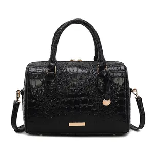 Elegant Shiny Black Croc Embossed Barrel Satchel Bag, Durable Top Handle Boston Handbag with Extra Crossbody Strap, Minimalist Statement Purse for Shopping, Party, Vacation & Formal Occasions