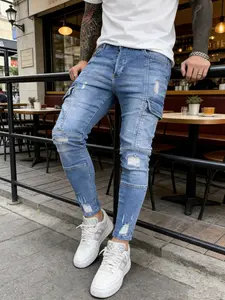 Men's Korean Style Slim Fit Plain Denim Jeans, Trendy Ripped Motorcycle Pants, Casual Fashion Workwear, All Seasons