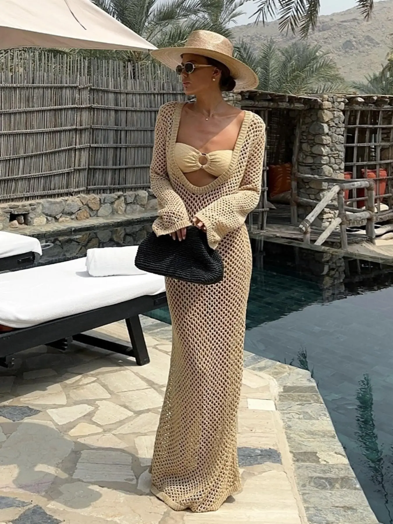 Women's Solid Color Crochet Cover Up Dress, Casual Long Sleeve V Neck Cover Up Dress for Women's Solid Color Crochet Cover Up Dress, Casual Long Sleeve V Neck Cover Up Dress for