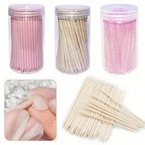 50 Reusable Wooden Cuticle Pusher Remover Sticks, Nail Art Design Tools, Crystal Rods, Dual-Ended Pedicure Care Kit, Includes Bottle
