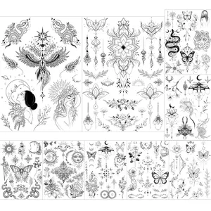 Ink Line Temporary Tattoo for Women Men Adults, 9-Pack 100+ Fake Tattoos Stickers, Multi Design Variety Pack Realistic Tattoos for Body, Space Sun Moon Snake Butterfly Tattoos