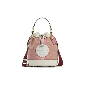 COACH Dempsey 19 Classic Monogram Canvas and Leather Bucket Bag for Women, Crossbody and Shoulder Style, Sakura Pink