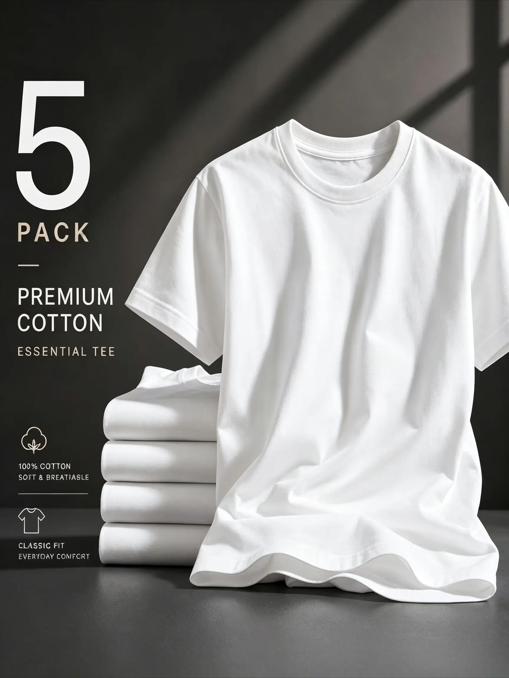 5 Pack Mens Cotton Crew Neck Regular T-Shirts Bulk Short Sleeve Lightweight Tees White Colors,back to school,back to school shopping