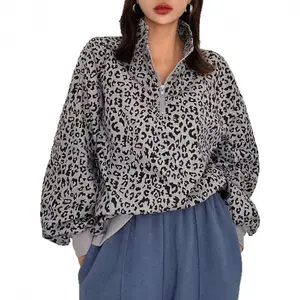 Women's Casual Zip-Up Front Long Sleeve Leopard Print Sweatshirt Fall Clothes Stylish Cozy Medium Fit
