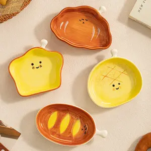 4-Piece Bread-Shaped Ceramic Dipping Sauce Dish Set, Cute and Practical Condiment Bowls for Home Use, Unique Small Plates for Flavor Enhancing, Dishwasher Safe Tableware